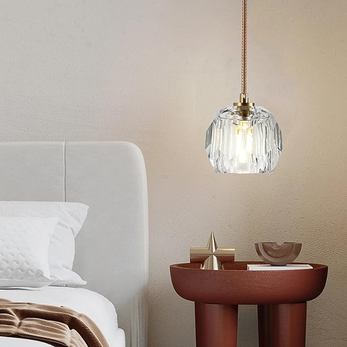 Modern Small Chandelier Light Fixture, Brass 1 Light Hanging Lights, Raindrop Clear Crystal Pendant Lighting for Kitchen Island Living Room Entryway Bedroom Dining Room
