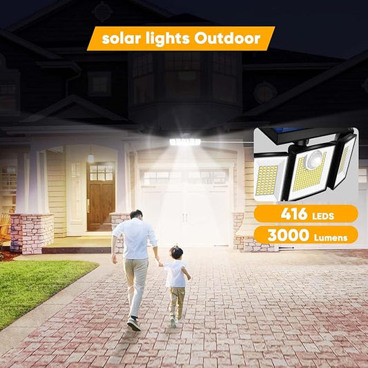 Solar Motion Lights Outdoor - With 16.4ft Cable, 3000LM Ultra-Bright LED Security Lights for Outside Dusk to Dawn, 2400mAh IP65 Waterproof Flood Lights with Remote for Court Yard Garage Front Door