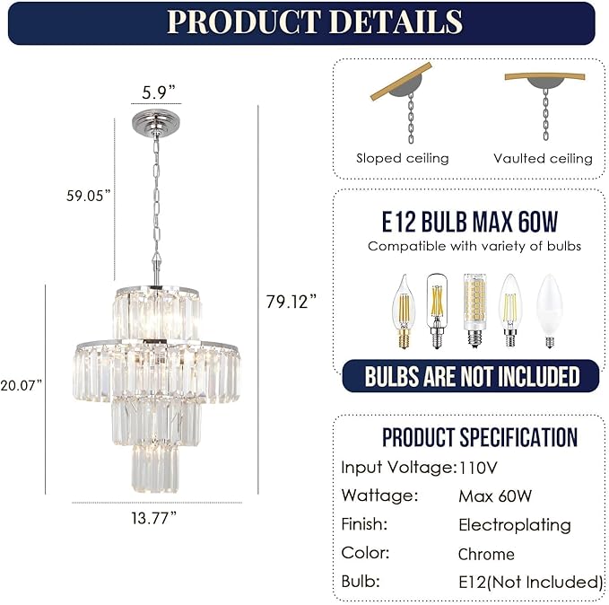 Chrome Crystal Chandelier, 7-Light 4 Tiers 13.77" Crystal Light, Adjustable Hanging Metal Ceiling Lighting Fixture, Modern Foyer Dining Room Chandeliers for Bedroom,Hallway,Kitchen