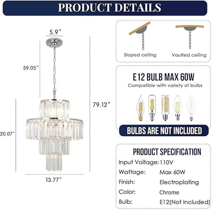 Chrome Crystal Chandelier, 7-Light 4 Tiers 13.77" Crystal Light, Adjustable Hanging Metal Ceiling Lighting Fixture, Modern Foyer Dining Room Chandeliers for Bedroom,Hallway,Kitchen