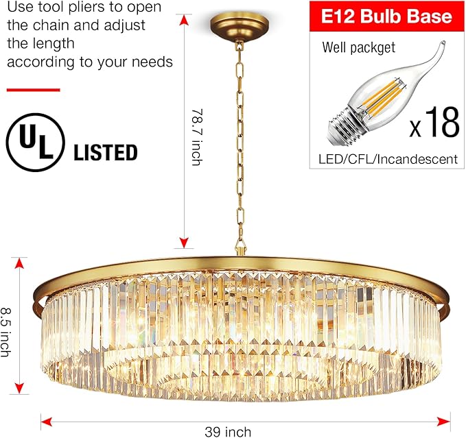 Large Crystal Chandelier Modern Luxury Chandelier Ceiling Lights Fixture for Dining Living Room 18-Lights 3-Tier Raindrop Chandeliers Lighting (Copper, Dia 39 Inch)