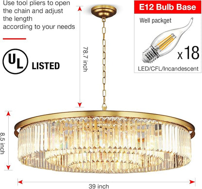 Large Crystal Chandelier Modern Luxury Chandelier Ceiling Lights Fixture for Dining Living Room 18-Lights 3-Tier Raindrop Chandeliers Lighting (Copper, Dia 39 Inch)