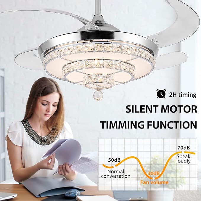 42" Fandelier Invisible Ceiling Fan Chandelier with Light,Modern Crystal Ceiling Fan Light Remote Control 4 Retractable ABS Blades for Bedroom Living Dining Room Decoration
