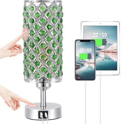 Hong-in Green Crystal Table Lamp - 3-Way Dimmable Touch Control, Bedside Lamp with USB C and A Ports, Nightstand Light for Living Room, Bedroom, Home Office (Bulb Included)