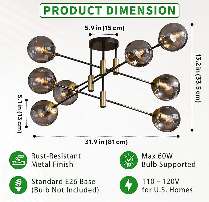 8-Light Sputnik Chandelier Modern Matte Black and Gold Ceiling Light, Glass Globe Hanging Light Fixture for Dining Room, Kitchen Island, Bedroom, Living Room