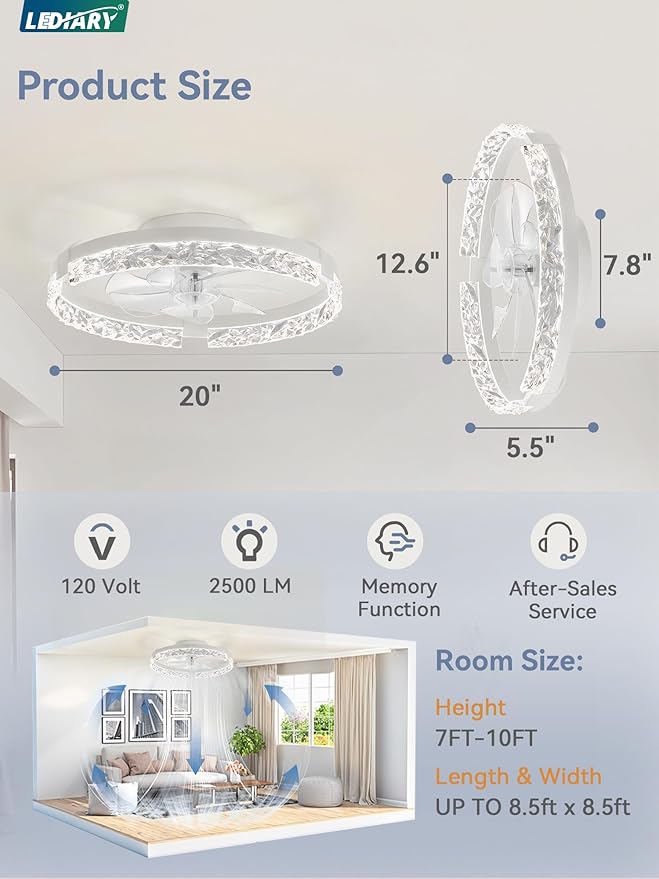 LEDIARY 20 Inch Low Profile Ceiling Fans with Lights and Remote, Fandelier Ceiling Fan Flush Mount, 3000K-6000K Dimmable LED Fan Light, White Modern Ceiling Fans with Lights for Bedroom