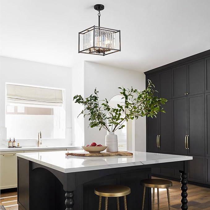 Square Black Crystal Chandeliers for Dining Room, 13" Luxury Geometric 4-Light Kitchen Farmhouse Pendant Lighting Fixture for Pool Table Entryway Foyer Hallway Office