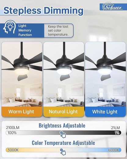 Sofucor 45" Smart Ceiling Fan, Indoor/Outdoor Black Ceiling Fans with Lights and Remote, Works with Alexa/Google/App, 3-Color Light 6-Speed Timing Reversible DC Motor for Bedroom Living Room Patio