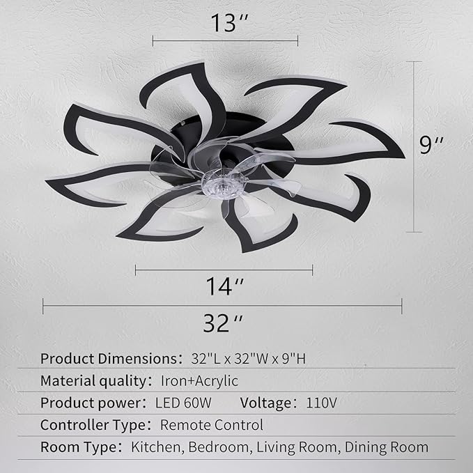 Black Flower Modern Ceiling Fans with Lights, Low Profile Ceiling Fan with Remote for Bedroom, 32inch Flush Mount Ceiling Fan with LED Dimmable Light,6-Speeds, Timing CeilingFan Light-8L