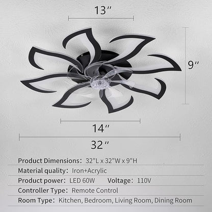 Black Flower Modern Ceiling Fans with Lights, Low Profile Ceiling Fan with Remote for Bedroom, 32inch Flush Mount Ceiling Fan with LED Dimmable Light,6-Speeds, Timing CeilingFan Light-8L