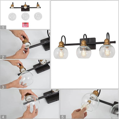KSANA Farmhouse Bathroom Light Fixture, Modern Black Gold 3-Light Vanity Light with Opening Clear Glass Shade, Modern Antique Brass Wall Lamp Over Mirror