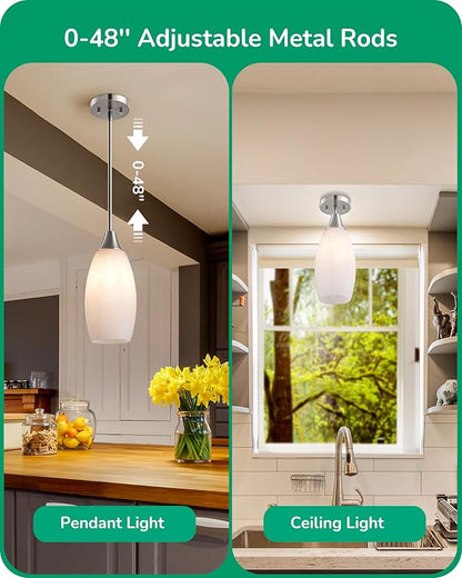 EDISHINE Pendant Light Fixture, Handcrafted Art Glass Hanging Light, Hardwired Ceiling Light, White Marble Glass Shade, Adjustable Brushed Nickel Rods, E26 Base, Pendant Lamp for Kitchen Bathroom Bar