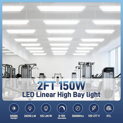 hykolity 2FT 150W LED Linear High Bay Shop Light, 20250lm 135LM/W, 100-277V, 0-10V Dimmable, 5000K Daylight Hanging Light for Warehouse Workshops, UL Listed - 4 Pack