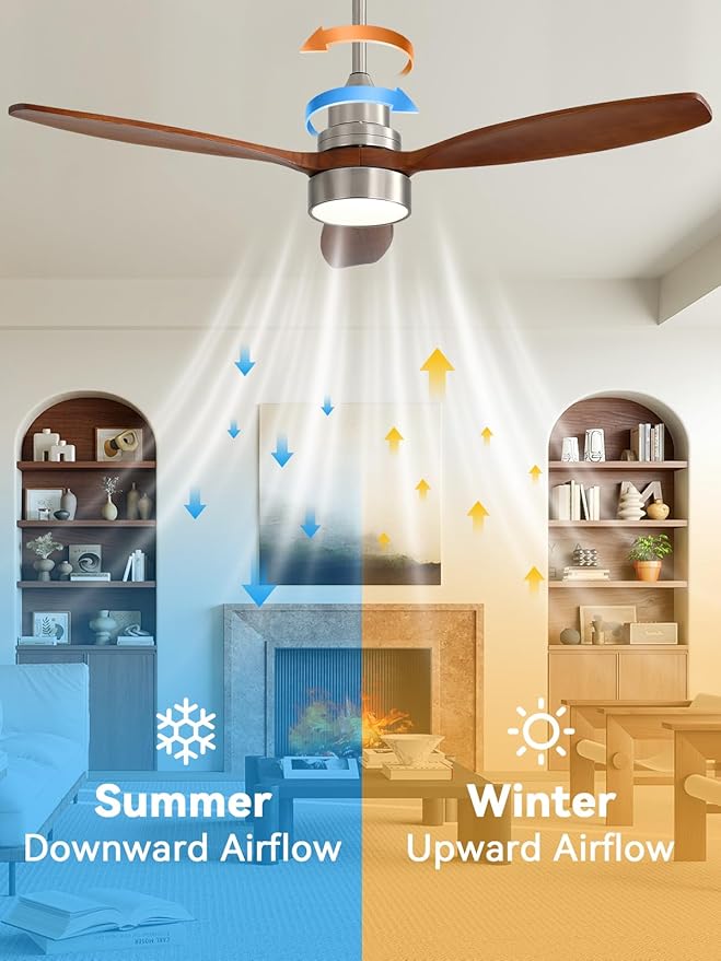 Sofucor 52 inch Solid Wood Ceiling Fan with Light, Quiet 6-Speed 3 Blades Reversible LED Ceiling Fan, Modern Rustic Fan with Dimmable Light for Living Room Bedroom Home Office Cafe Patio Porch