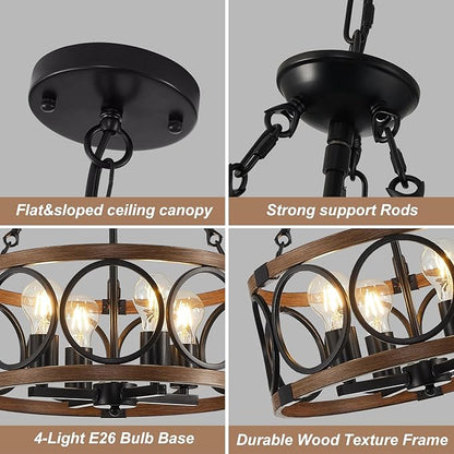 16'' Farmhouse Chandelier, 4-Light Walnut Wood Grain Dining Room Light Fixture Over Table, Rustic Industrial Drum Hanging Pendant Lights Fixture for Kitchen Island Bedroom Hallway Foyer Entryway