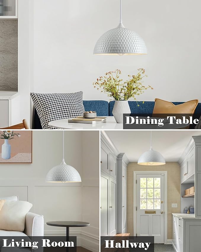 White Pendant Lights Kitchen Island 3 Pack, 12 Inch Hammered Dome Pendant Light, Farmhouse Kitchen Pendant Lights, Industrial Hammered Pendant Light for Kitchen, Dining Room, Barn