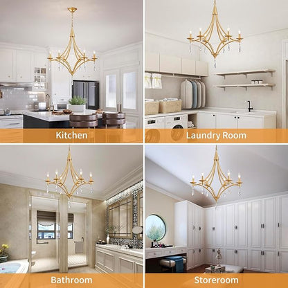 Modern Gold Crystal Chandelier, 6-Lights Farmhouse Chandeliers for Dining Room Light Fixtures Hanging Pendant Light, Modern Candle Chandelier for Bedroom Foyer Living Room Kitchen Island Entryway