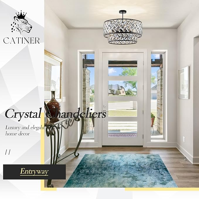 CATINER Black Crystal Chandelier, 8-Light Drum Semi Flush Mount Ceiling Light, 24'' Modern Crystal Pendant Chandelier for Dining Room, Living Room, Bedroom, Kitchen, Foyer