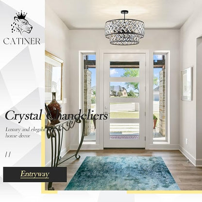 CATINER Black Crystal Chandelier, 8-Light Drum Semi Flush Mount Ceiling Light, 24'' Modern Crystal Pendant Chandelier for Dining Room, Living Room, Bedroom, Kitchen, Foyer