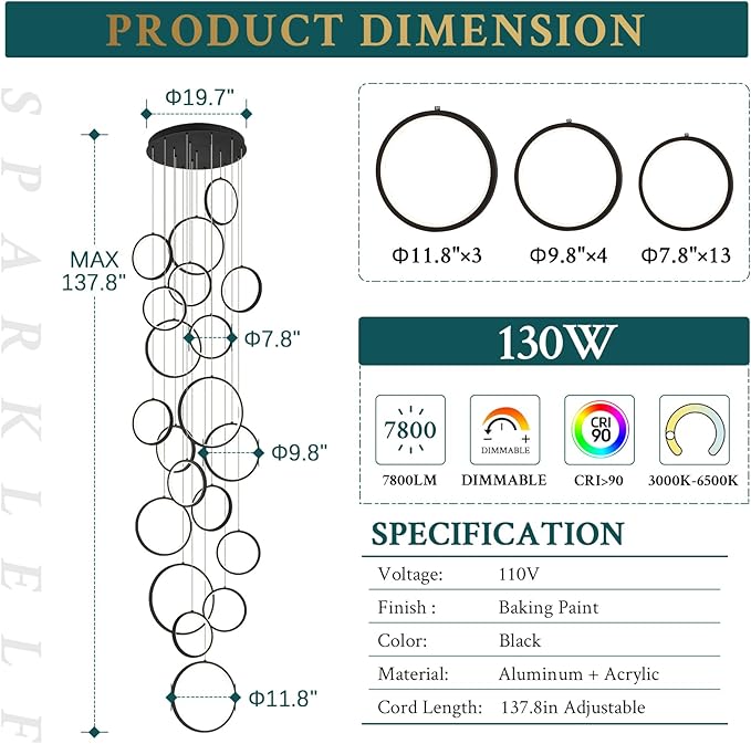 20 Rings Modern LED Chandelier for High Ceiling Dimmable Black Contemporary Foyer Long Chandelier for Entryway, Long Pendant Light Fixture Staircase Dining Living Room, 3000-6500K