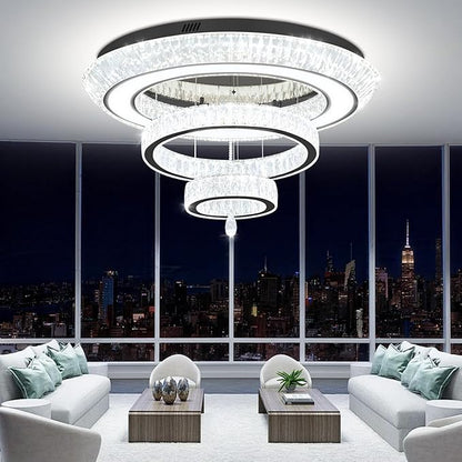 Modern 3 Ring Chandelier for Living Room Luxury 3-Tier Crystal Chandelier Dining 40in Black LED Dimmable Crystal Raindrop Chandeliers Lighting