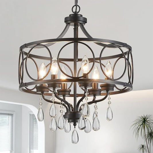 Modern Black Chandelier 17.7" Metal Crystal Pendant Lighting Fixture Hanging 6-Light for Dining Room Bedroom Living Room Kitchen Entryway