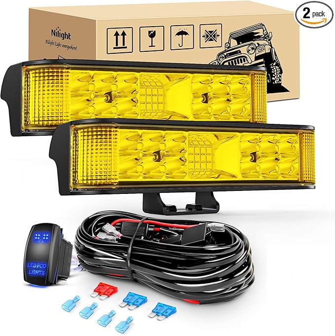 Nilight Side Shooter LED Light Bar Amber Beam Pods 2PCS 6.5 Inch 60W Flood Spot Combo Fog Driving Lighting w/ 16AWG 5Pin Rocker Switch Wiring Harness Kit for Truck SUV ATV UTV Boat Van