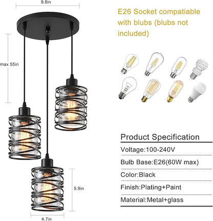 3 Light Pendant Lights Kitchen Island Black Pendant Light Fixtures Spiral Iron Kitchen Island Lighting with Clear Glass Shade Adjustable Hanging Light Fixtures