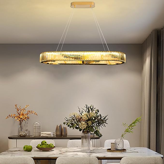 Luxury Crystal Chandelier, Modern Rectangular LED Pendant Light for Kitchen Island Dining Room, 40 Inch, No Assembly Required