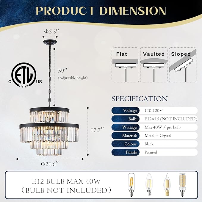 15 Lights Black Crystal Chandeliers 22" 4-Tier Luxury K9 Crystal Lighting Modern Round Ceiling Pendant Light Fixture for Living Room Dining Room Bedroom Kitchen Foyer