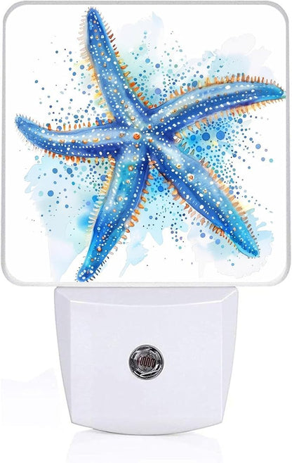 Watercolor Starfish Night Light, Plug-into Sea Beach Nightlight White LED Lamp, Energy Efficient Decor Desk Lamp for Bedroom Hallway Stairs Bathroom