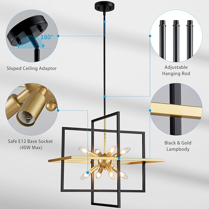 XINGQI 22" Rustic Geometric Pendant Lighting 8-Light Black and Gold Farmhouse Chandelier Ceiling Light Fixtures for Dining Room Living Room Kitchen Island Bedroom Hallway