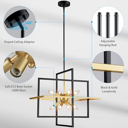 XINGQI 22" Rustic Geometric Pendant Lighting 8-Light Black and Gold Farmhouse Chandelier Ceiling Light Fixtures for Dining Room Living Room Kitchen Island Bedroom Hallway