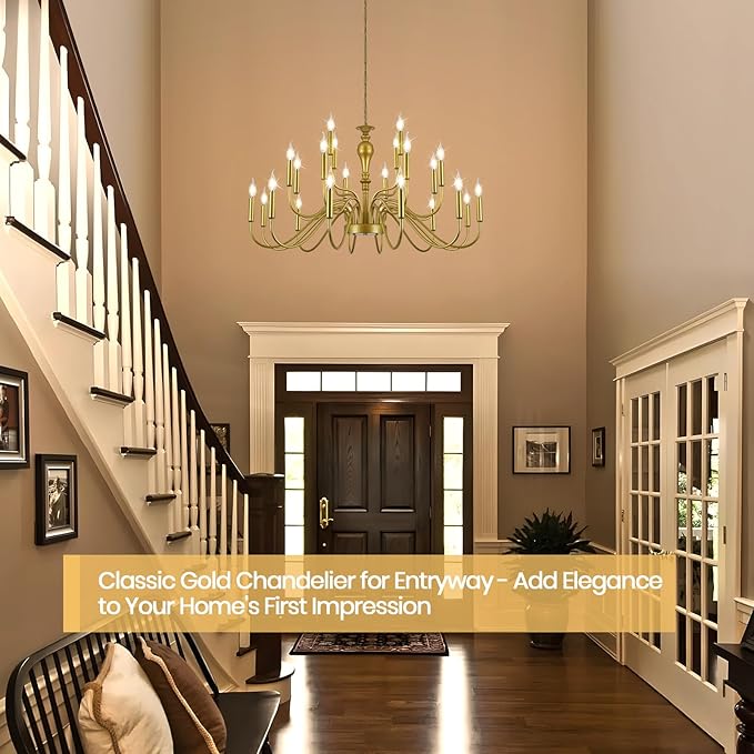 24 Light Gold Chandelier Large Farmhouse Chandeliers for High Ceiling Foyer, Extra Large Round Rustic Gold Chandelier 3-Tier for Living Room Dining Room Stairs Entry Restaurant Hotel -42.5 in