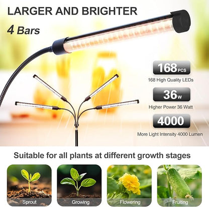 FECiDA 2026 4Head Grow Lights with Upgraded Stand, Standing Grow Lights for Indoor Tall Plants, Bonsai Tree, 4/8/12/16/20 Hr Timer, 36 Watt Power Draw, NO Need Adapter, 24"-72" Height Adjustable