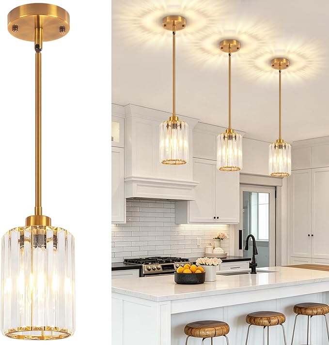 Brushed Gold Crystal Pendant Lights Kitchen Island, Modern Pendant Lighting Over Island Kitchen Hanging Light Fixtures Adjustable Mini Pendant Light for Dining Room Bathroom Entryway Hallway Foyer