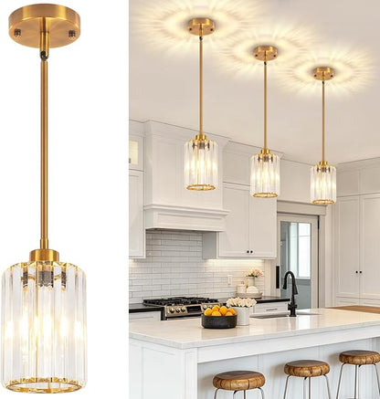 Brushed Gold Crystal Pendant Lights Kitchen Island, Modern Pendant Lighting Over Island Kitchen Hanging Light Fixtures Adjustable Mini Pendant Light for Dining Room Bathroom Entryway Hallway Foyer
