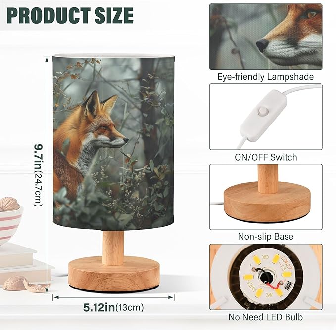 Table Lamp Fox in Forest Nightstand Lamp with Wood Base Fabric Lamp Shade Bedside Desk Lamp for Living Room Bedroom Kids Room Office