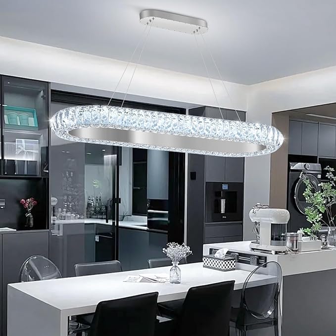 32'' Oval Ring Crystal Chandelier Modern LED Dimmable Ring Pendant Light Chandelier for Dining Room Living Room Silver