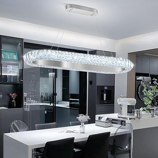 32'' Oval Ring Crystal Chandelier Modern LED Dimmable Ring Pendant Light Chandelier for Dining Room Living Room Silver