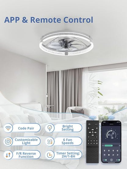ZMISHIBO Low Profile Ceiling Fans with Lights, Flush Mount Modern Ceiling Fan and Remote Control, 20" LED Ceiling Fans, Stepless Dimmable 3 Colors and 6 Speeds (Grey, 20")