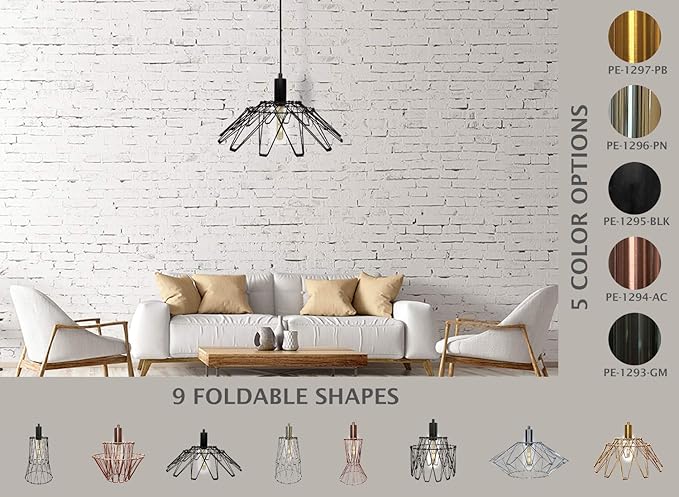 Royal Designs, Inc. Foldable Industrial Metal Pendant Light with Adjustable 7 ft Long Lamp Cord & Canopy, Create 9 Different Shapes, Black, Single