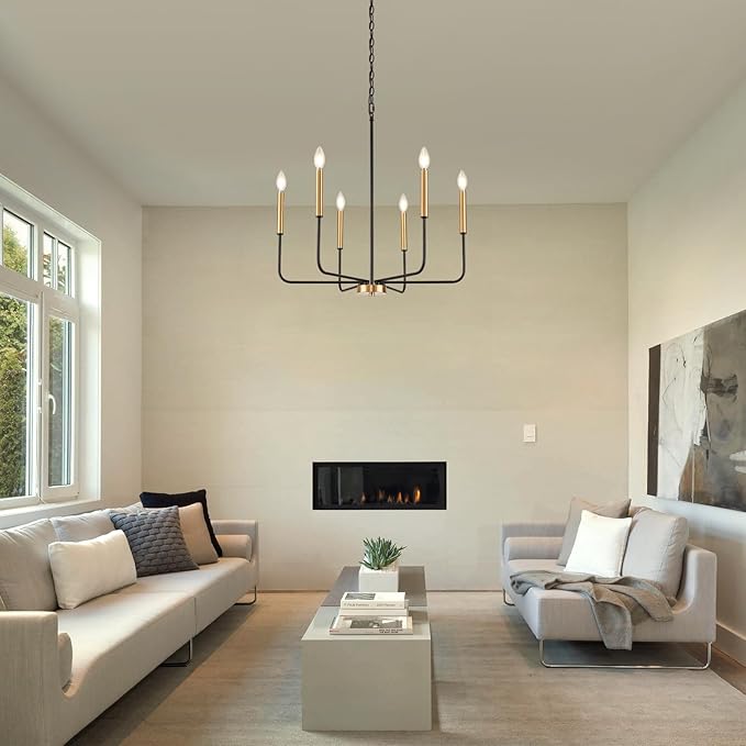 Black and Gold Chandelier, Modern Farmhouse Dining Room Light Fixture 6-Light Chandelier with Chain, Metal Hanging Lighting Fixtures Candle Dining Lights for Kitchen, Living Room, Bedroom,Foyer
