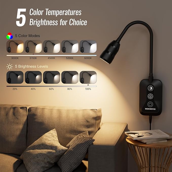 Wall Mounted Reading Light for Bed, Headboard Light with 360° Flexible Arm, Hand Wave Sensor, Focused 60° Beam, 5 Color Temperatures, Stepless Dimming, Memory Function, USB-C Output, Black 1 Pack