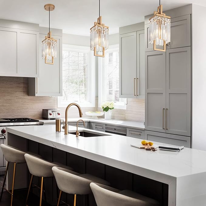 Modern Gold Pendant Light Fixtures for Kitchen Island and Dining Room, Industrial Small Hanging Crystal Chandelier Light Fixture for Bedroom Entryway Living Room Foyer Hallway 3-Pack