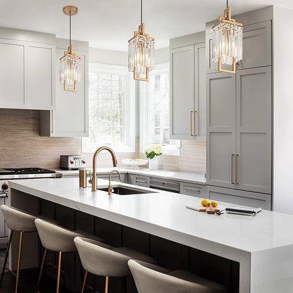 Modern Gold Pendant Light Fixtures for Kitchen Island and Dining Room, Industrial Small Hanging Crystal Chandelier Light Fixture for Bedroom Entryway Living Room Foyer Hallway 3-Pack
