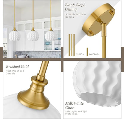 Brushed Gold Pendant Lights Kitchen Island with Frosted Milk Glass Shade, 7.3" Modern Single Pendant Light Fixtures Adjustable Height Hanging Lighting for Kitchen Sink Bathroom Hallway