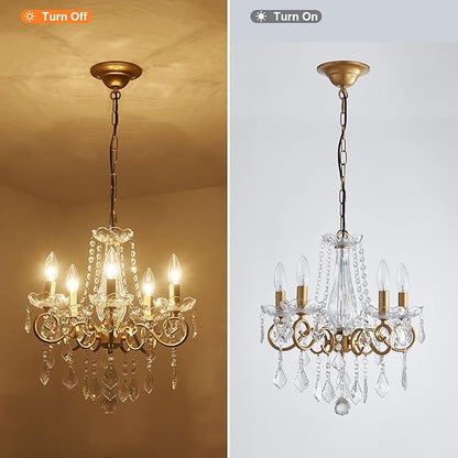 Crystal Chandelier, 5-Light Chandelier for Dining Room Light Fixture, K9 Crystal Pendant Ceiling Light Fixture, Modern Candle Chandelier for Living Room Kitchen Island Entryway Bedroom (Gold)