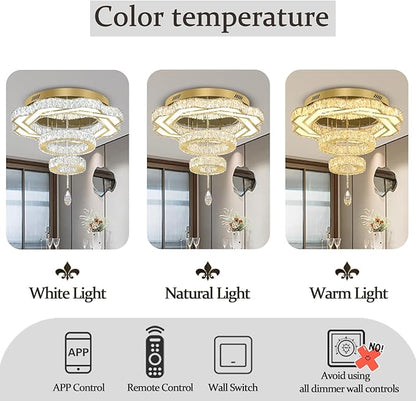 Flashing God Modern Crystal Chandeliers Dia 24" Gold Ceiling Chandelier Flush Mount Crystal Ceiling Light for Bedroom Living Room Dining Room Hallway LED Dimmable