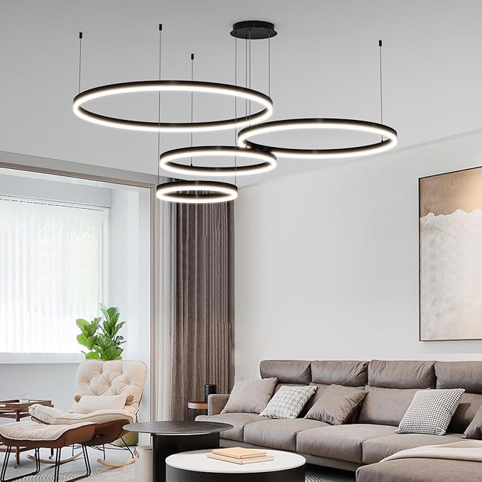 Mikeru Modern 4 Ring Chandelier Light, LED Pendant Light Fixtures with Remote Control 3000k-6500K Adjustable Color Temperature Light for Living Room, Bedroom, Kitchen
